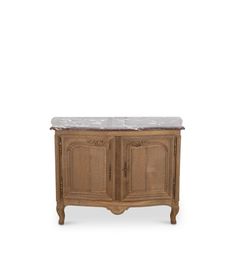 a wooden cabinet with marble top and two doors on one side, in front of a white background