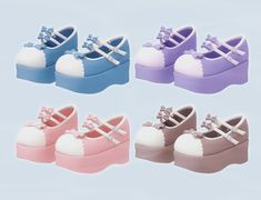 four pairs of shoes with bows on the front and back, all in different colors