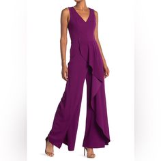 Marina Ruffled Sleeveless Magenta Jumpsuit Sz 4. Sleeveless Ruffled Jumpsuits For Formal Occasions, Formal Sleeveless Ruffled Jumpsuit, Formal Sleeveless Ruffled Jumpsuits And Rompers, Sleeveless Formal Jumpsuits And Rompers For Spring, Formal Sleeveless Jumpsuits And Rompers For Spring, Elegant Sleeveless Ruffled Jumpsuits And Rompers, Elegant Sleeveless Purple Jumpsuits And Rompers, Fitted Sleeveless Jumpsuit With Ruffles, Chic Purple Jumpsuits And Rompers For Work