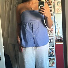 Zara Blue And White Strapless Top With Side Zipper, Folded Detailing At Top And Buttons. It Is A Fun Take On A Regular Button Up. White Strapless Top, Button Up Top, Zara Tops, Side Zipper, Strapless Top, Blue White, Button Up, Blue And White, Zara