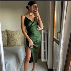 Size: Xs, S,M,L, Xl New With Tags Zara Slip Dress Outfit Wedding, Green Slip Dress Outfit, Silky Green Dress, Zara Green Dress, Slip Dress Outfit, Green Slip Dress, Zara Dress, Lingerie Fashion, Classy Dress