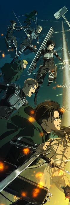 an anime scene with two men holding swords and another man looking at them from the ground