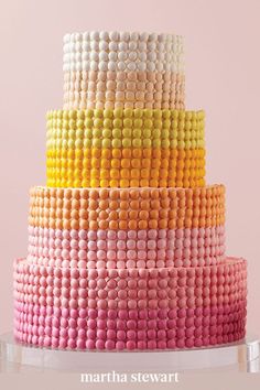 a multicolored cake with white, yellow, and pink frosting