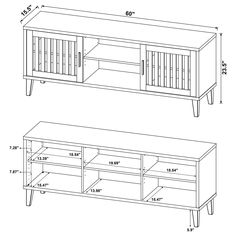 the drawing shows an entertainment center with drawers and shelves, as well as measurements for each cabinet