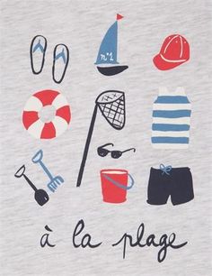 a t - shirt with various items on it and the words la plage written in french