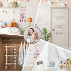 two pictures of children's rooms with clothes hanging on the wall, and an image of a child's bedroom