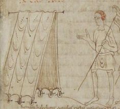 an old drawing of a man standing next to a curtain