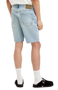 Lightly faded at the puckers and wear points, these shorts cut from light-blue denim hit above the knees and sport a touch of stretch to keep you comfortable. 9 1/2" inseam; 19" leg opening; 10 1/2" front rise; 14 1/2" back rise (size 32) Zip fly with button closure Five-pocket style 99% cotton, 1% elastane Machine wash, dry flat Imported Casual Faded Cotton Shorts, Blue Washed Relaxed Fit Shorts, Allsaints Relaxed Fit Cotton Bottoms, Faded Casual Bottoms, Short Length, Casual Faded Short Bottoms, Casual Faded Short Length Bottoms, Faded Casual Short-length Bottoms, Light Wash Relaxed Fit Knee-length Jean Shorts, Allsaints Relaxed Fit Bottoms For Spring