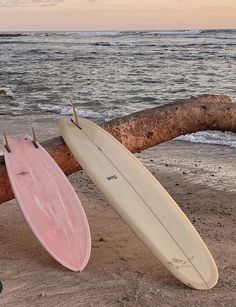 two surfboards leaning against a log on the beach