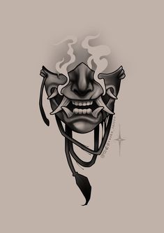 Neotraditional Oni Mask, Hanya Mask Traditional, Japanese Tattoo Designs Oni Mask, Japanese Mask Tattoo Design, Jai Shree Ram Tattoo, Shree Ram Tattoo Design, Japanese Oni Mask Tattoo, Hanya Mask Tattoo Design