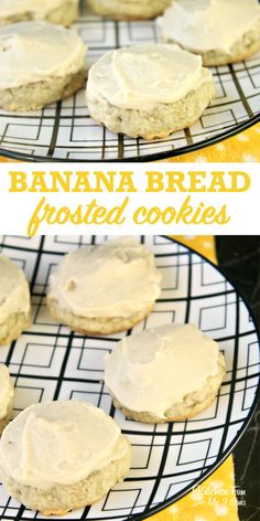 banana bread frosted cookies on a cooling rack with the words, how to make banana bread frosted cookies