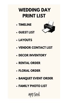 the wedding day print list is shown in black and white, with an image of a printer