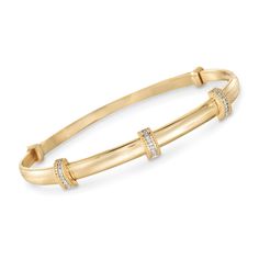 Ross-Simons - Diamond-Accented 14kt Gold Over Sterling Bangle Bracelet. 7". Feminine, chic and ultra-versatile, this 14kt yellow gold over sterling silver bangle bracelet is adorned with three stations of diamond accents for a simple but significant detail that will delight. Expands slightly to easily slip on and off. Diamond-accented bangle bracelet. Diamond birthstones are the perfect gift for April birthdays. Classic Adjustable Gold Bracelet With Diamond Accents, Adjustable Gold Diamond Bracelet Classic Style, Classic Gold Stackable Diamond Bracelet, Elegant Adjustable 14k Stamped Bracelets, Diamond Bangle Bracelet, Bracelet Diamond, Silver Bangle Bracelet, Diamond Birthstone, Feminine Chic