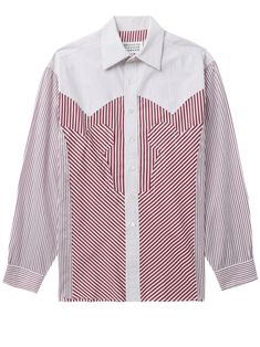 white/burgundy cotton poplin texture multi-way stripe pattern classic collar front button fastening long sleeves buttoned cuffs straight hem Creative Pattern, Yoko London, City Dress, Summer Beach Wear, Poplin Shirt, Office Wear, Diy Inspiration, Shirt White, Cotton Poplin