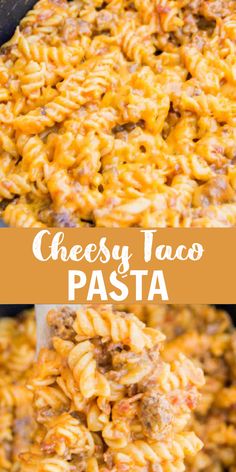 cheesy taco pasta in a skillet with a wooden spoon and text overlay