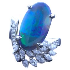 Whether worn as a statement piece or as a daily indulgence, this ring is sure to turn heads and spark conversation wherever you go. At its heart lies a captivating 4.60 CT Australian Black Opal. Its play-of-color dancing with every flicker of light on a black body color, evoking a sense of elegance and wonder. A delicate wing-like pattern surrounding the opal gives this ring an airy style. The marquise-cut diamonds, weighing 0.70 carats, develop a classic touch for a timeless piece. Hand-fabrica Australian Black Opal, Platinum Diamond Rings, Marquise Cut Diamond, Black Body, Platinum Ring, Body Color, Body Colour, Marquise Cut, Black Opal