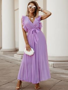 Tied Surplice Cap Sleeve Pleated Dress - Sydney So Sweet Lavender V-neck Dress For Formal Occasions, Purple Solid Color Midi Dress For Summer, Summer Purple Solid Midi Dress, Purple V-neck Chiffon Dress, Purple Chiffon V-neck Dress, Summer Purple Solid Color Midi Dress, Chic Purple Chiffon Maxi Dress, Fitted Purple Chiffon Dress, Summer Pleated Purple Maxi Dress