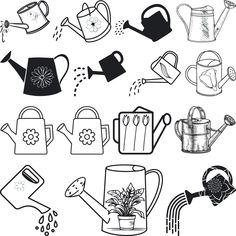 black and white illustration of watering tools for garden plants, including watering cans, watering hoses, watering can, watering spout