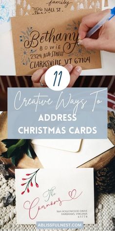 christmas cards and envelopes with the words creative ways to address christmas cards