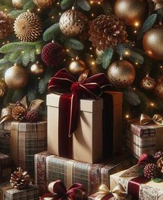 presents under a christmas tree with pine cones