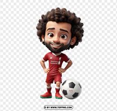 a cartoon soccer player with curly hair and beard standing in front of a soccer ball