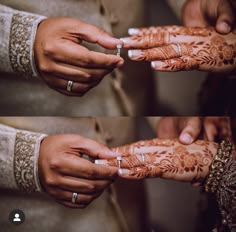 two pictures of hands with henna and rings on their fingers, one showing the middle finger