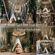 a collage of photos with a child in a teepee tent and wild one birthday decorations