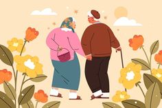 an elderly couple walking through flowers with canes in their hands, looking at each other