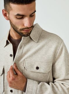 A staple in every well-dressed guy's wardrobe, this jacket is an essential you'll love. This lightweight, comfortable, and easy layering piece will be your go-to. Details Model is 6'1" and wears a size medium. Care: Hand wash cold. Do not bleach. Do not tumble dry. Cool iron. Dry clean for best results. Composition: 80% Polyester | 20% Rayon Chore Coat, Chunky Knits Sweater, Well Dressed, Layering Pieces, Lifestyle Brands, Chunky Knit, Shirt Jacket, Chef's Jackets, New Product