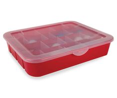 a red plastic storage box with dividers on the bottom and two compartments for food