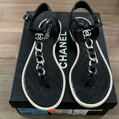 In Very Good Used Condition. No Stains Smells Or Rips. Chain Design, Chanel Shoes, Women's Shoes Sandals, Leather Sandals, Black Silver, Shoes Sandals, Chanel, Women Shoes, Sandals