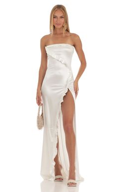 Annabel Strapless Satin Maxi Dress in White | LUCY IN THE SKY Long Bow Dress, Poofy Dresses, Prom Dresses Satin, Reception Dresses, Dresses Graduation, Spring Formal, Dance Ideas, Wedding Festivities, Long Formal Dress