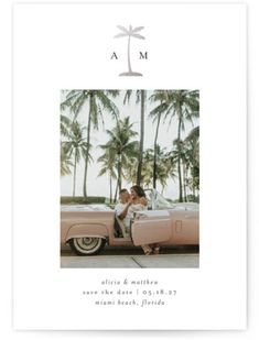 an image of a couple kissing in the back of a pink car with palm trees behind them