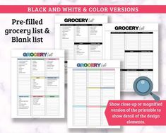 three printable grocery list and planner pages