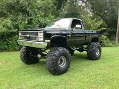 a large black truck parked on top of a lush green field