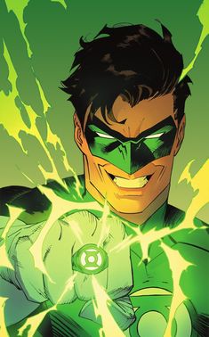 the green lantern is in action with his hands on his chest and eyes open, while another