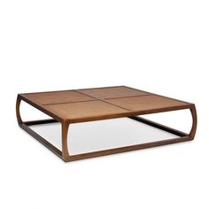 a wooden coffee table with square tiles on top