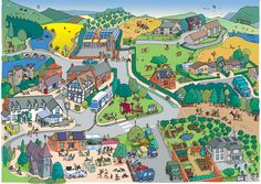 an illustrated map of a small town with lots of houses and cars on the road