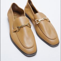 Leather Upper With Front Buckle Detail Chic Business Loafers With Buckle Closure, Business Loafers With Buckle Closure For Spring, Spring Business Loafers With Buckle Closure, Chic Brown Formal Moccasins, Gold Loafers For Fall Workwear, Chic Gold Loafers For Business, Chic Zara Loafers For Fall, Chic Zara Loafers For Spring, Chic Zara Loafers For Office