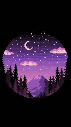 an image of the night sky with stars and clouds over mountains in pixel art style