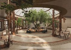 an artistic rendering of a restaurant with tables, chairs and trees in the middle of it