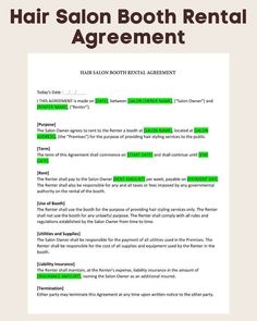 the hair salon booth rental agreement is shown in green and black text on a white background