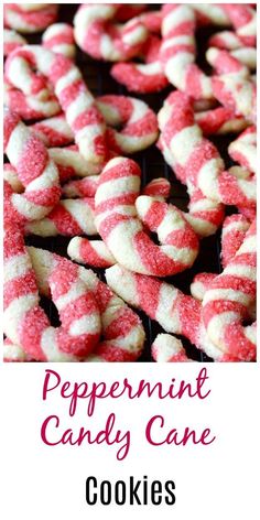 peppermint candy cane cookies on a cooling rack with text overlay that reads peppermint candy cane cookies