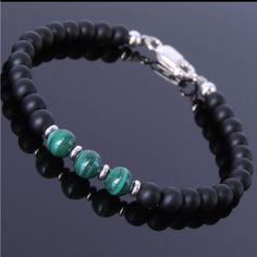 Handmade By Me In Pennsylvania, Usa. Men Women Healing Gemstone Bracelet Made With A Clasp And Beading Fixable Wire To Be More Durable And Long Lasting Bracelet. - 6mm Matte Black Onyx. - 8mm Natural High Quality Malachite. - 925 Sterling Silver Seamless Bead & Clasp. - Available In Different Sizes, Custom Length Is Available Also Made To Order In 14k Gold Filled. Malachite Is The Essence Of Joy And Is Known As The "Stone Of Transformation" Because It Helps Reveal And Heal Emotional Pain By Abso Polished Onyx Beaded Bracelets, Polished Onyx Round Beads Bracelet, Black Agate Beads With Natural Stones, Black Agate Gemstone Beads, Onyx Beaded Bracelets With Round Beads, Onyx Bracelet With Round Black Beads, Hand-strung Onyx Beaded Bracelets, Onyx Beaded Jewelry For Healing, Black Agate Beads For Jewelry Making