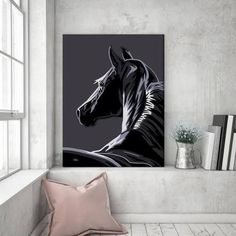 a black and white horse is on the wall next to a window in a room