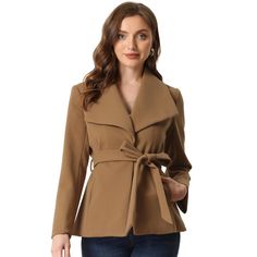 This simple and stylish coat is complete with the design of a shawl collar lapel and waist belt, it is a must-have outwear for winter. Waist belt helps tighten the waist and accentuate your graceful figure. Two pockets offer a place for little personal belongings like cards or keys and lend warm place for chilly hands on cold winter days. Wear it with jeans and a sweater for many occasions. Please check your measurements to ensure the item fits before ordering. Fall Blazer With Notch Lapel And Belt, Fall Blazer With Belt And Notch Lapel, Office Lapel Collar Belted Outerwear, Elegant Outerwear With Belt And Lapel Collar, Fitted Office Outerwear With Self Belt, Chic Belted Pea Coat With Lapel Collar, Spring Outerwear With Lapel Collar And Self Belt, Fitted Belted Pea Coat For Office, Spring Outerwear With Self Belt And Lapel Collar