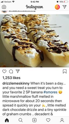 an instagram page with two bananas and chocolate drizzled on them