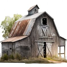 an old barn with a broken door and windows