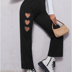 Never Worn Black Pants With Heart Cut Outs On Thigh. Comes In Shein Bag. Cotton Bottoms With Heart Print, Fitted Cotton Bottoms With Heart Print, Casual Straight Leg Bottoms With Heart Print, Casual High Waist Heart Print Bottoms, Casual Cotton Bottoms With Heart Print, Casual Long Pants With Heart Print, Blue Velvet Pants, Pleated Palazzo Pants, Cutout Pants