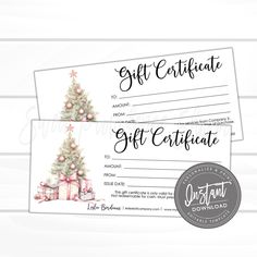 two gift certificates with a christmas tree